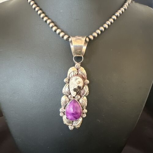 Navajo Pearls Pendant | White Buffalo Turquoise & Sugilite | Sterling Silver | Native American Handmade | 16869