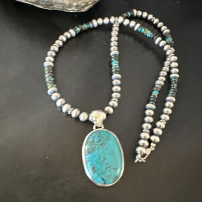 Men's Navajo Blue Spiderweb Turquoise Pendant Necklace | Sterling Silver | Authentic Native American Handmade | 16243 - Masha USA