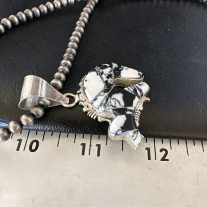 Navajo White Buffalo Turquoise Bear Inlay Pendant Necklace | Sterling Silver | Native American Handmade | 15248
