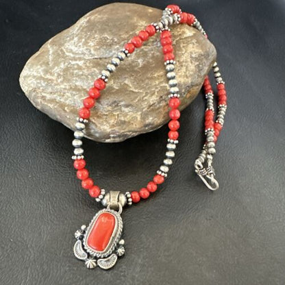 Southwestern Navajo Red Coral Pendant Necklace | Sterling Silver Pearls | 21" | 17538