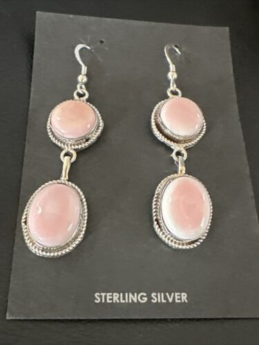 Navajo Pink Conch Shell Dangle Earrings | Sterling Silver | Authentic Native American Handmade | 17200