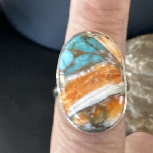 Navajo Turquoise Spiny Oyster Ring | Sterling Silver | Sz 8 | Authentic Native American Handmade | 16612