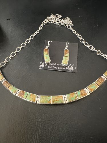 Navajo Choker Necklace with Blue #8 Turquoise Inlay | Sterling Silver Earrings Set | Authentic Native American Handmade | 16266