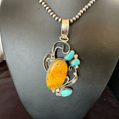 Bumblebee Jasper Turquoise Multi-Stone Pendant | Sterling Silver Necklace | Authentic Native American Handmade | 15947 - Masha USA