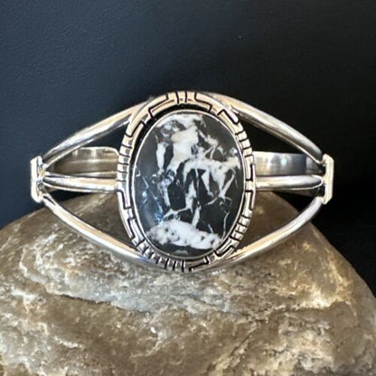 White Buffalo Turquoise Cuff Bracelet | Navajo Sterling Silver | Authentic Native American Handmade | 16250