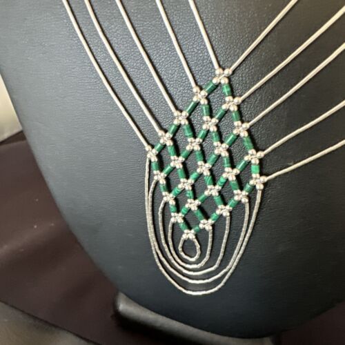 Crisscross Green Malachite Heishi Necklace | 5 Strand Liquid Sterling Silver | 22" | 15884