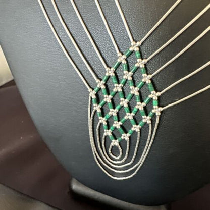 Crisscross Green Malachite Heishi Necklace | 5 Strand Liquid Sterling Silver | 22" | 15884