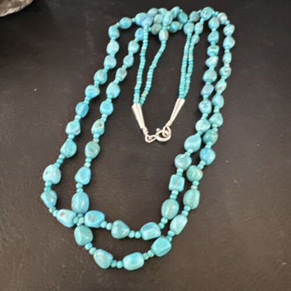 Navajo Blue Nugget Turquoise Necklace | 2 Strand | Sterling Silver | 20" | Authentic Native American Handmade | 15342