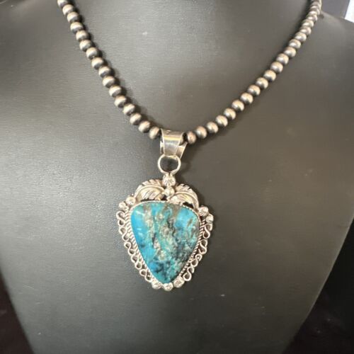Navajo Kingman Turquoise Pendant Necklace | Sterling Silver Pearls | Authentic Native American Handmade | 15220