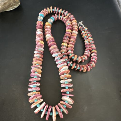 Authentic Native American Navajo Necklace | Purple Spiny Oyster & Turquoise | Sterling Silver | 34" | 15091