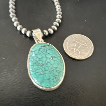 Navajo Blue Spiderweb Turquoise Pendant Necklace | Sterling Silver | Authentic Native American Handmade | 16292