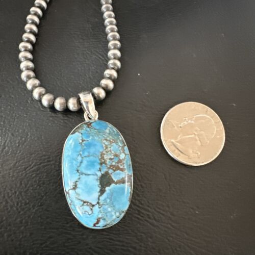 Navajo Blue Spiderweb Turquoise Pendant Necklace | Sterling Silver | Authentic Native American Handmade | 17019