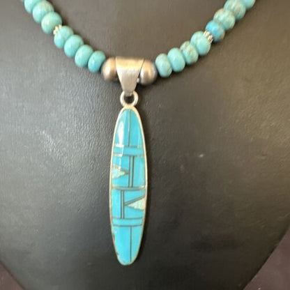 Navajo Blue Kingman Turquoise Opal Inlay Pendant | Sterling Silver Necklace | Authentic Native American Handmade | 16645 - Masha USA