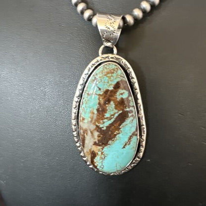Navajo Blue Turquoise #8 Pendant Necklace | Sterling Silver Pearls | Authentic Native American Handmade | 16346
