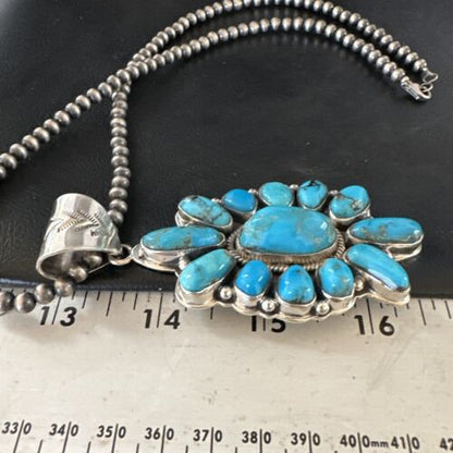 Navajo Blue Kingman Turquoise Cluster Pendant | Sterling Silver | Authentic Native American Handmade | 15447