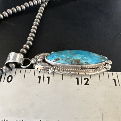 Navajo Kingman Turquoise Pendant Necklace | Sterling Silver Pearls | Authentic Native American Handmade | 15219