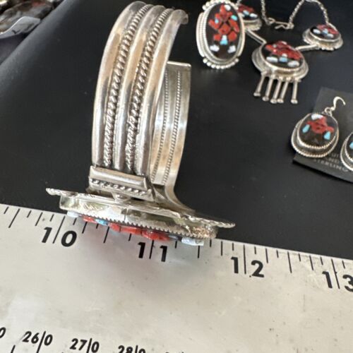 Native American Zuni Inlay Necklace Earrings Bracelet Set | Turquoise Onyx Coral | Sterling Silver | 16168