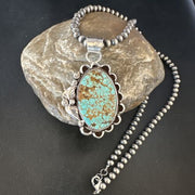 Navajo Blue #8 Turquoise Pendant Necklace | Sterling Silver Pearls | Authentic Native American Handmade | 15508