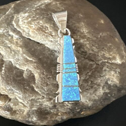 Navajo Blue Opal Inlay Pendant Necklace | Sterling Silver | Authentic Native American Handmade | 15671