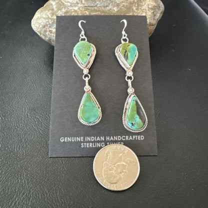 Navajo Green Royston Turquoise Dangle Earrings | Sterling Silver | Authentic Native American Handmade | 17140
