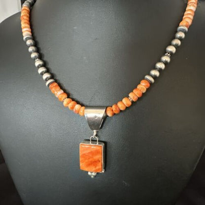 Navajo Pearls Sterling Silver Necklace with Orange Spiny Oyster Pendant | 17049