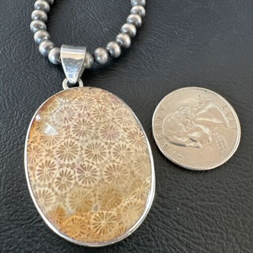 Navajo Champagne Fossil Coral Pendant Necklace | Sterling Silver Beads | Authentic Native American Handmade | 16370