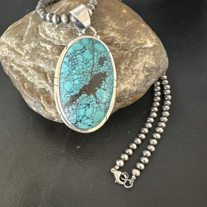 Men's Navajo Blue Spiderweb Turquoise Pendant Necklace | Sterling Silver | Native American Handmade | 16192