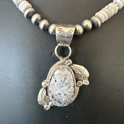 Navajo White Buffalo Turquoise Pendant Necklace | Sterling Silver | Authentic Native American Handmade | 17336