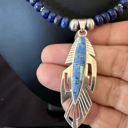 Navajo Blue Denim Lapis Feather Pendant Necklace | Sterling Silver Inlay | Authentic Native American Handmade | 16767