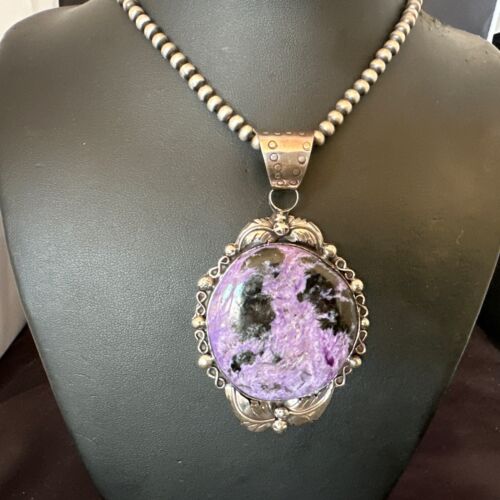 Navajo Purple Charoite Pendant with Pearls | Sterling Silver Necklace | Authentic Native American Handmade | 17154