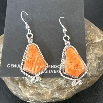 Navajo Orange Spiny Oyster Dangle Earrings | Sterling Silver | Authentic Native American Handmade | 17273