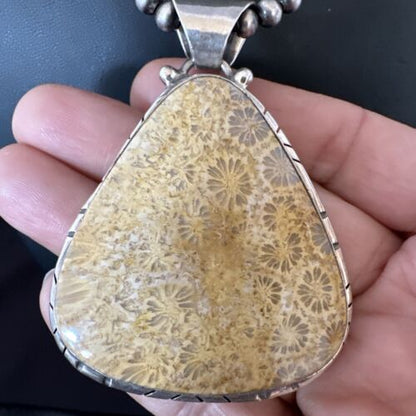 Navajo Pearls Champagne Fossil Coral Pendant Necklace | Sterling Silver Beads | Native American Handmade | 16372
