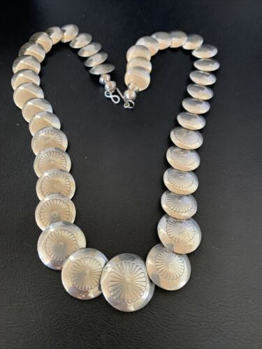 Navajo Graduated Concha Bead Necklace | Sterling Silver Pillow Stamped | Single Strand | 14166