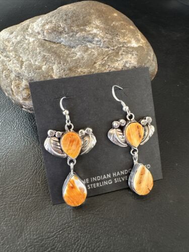 Navajo Orange Spiny Oyster Dangle Earrings | Sterling Silver | 1.5" | Authentic Native American Handmade | 16576