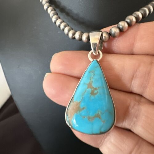 Navajo Blue Kingman Turquoise Pendant Necklace | Sterling Silver | 20" | Authentic Native American Handmade | 17011