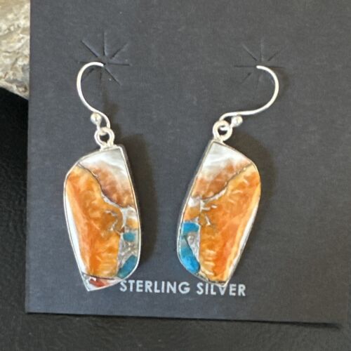 Navajo Blue Turquoise & Orange Spiny Oyster Inlay Dangle Earrings | Sterling Silver | Authentic Native American Handmade | 15580