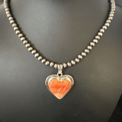 Navajo Orange Heart Spiny Oyster Pendant | Sterling Silver Necklace | Authentic Native American Handmade | 15015