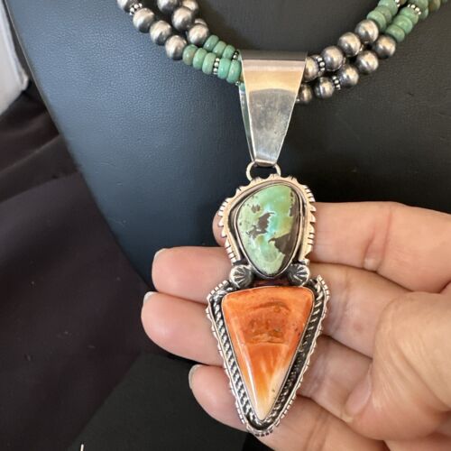Navajo Royston Turquoise Spiny Pendant Set | Authentic Native American Sterling Silver | 3" | Handmade | 16813