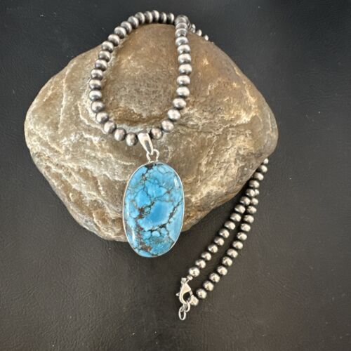 Navajo Blue Spiderweb Turquoise Pendant Necklace | Sterling Silver | Authentic Native American Handmade | 17014