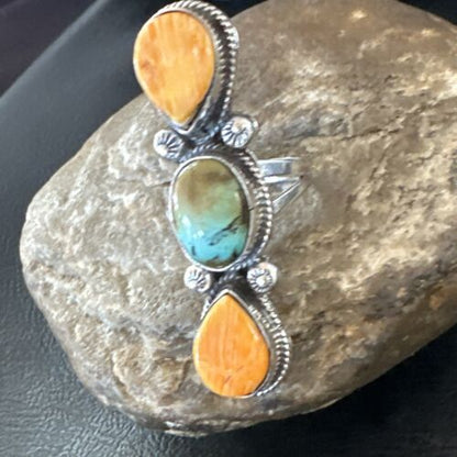 Navajo Green Turquoise Spiny Oyster Multi-Stone Ring | Authentic Native American Sterling Silver | Sz 10.5 | 16716