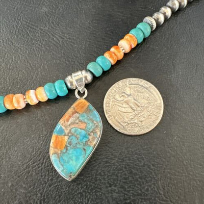 Navajo Spiny Turquoise Pendant Necklace | Sterling Silver | 21" | Authentic Native American Handmade | 17518