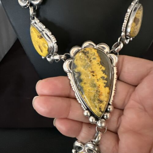Navajo Yellow Bumblebee Jasper Lariat Necklace | Authentic Native American Sterling Silver | 17202