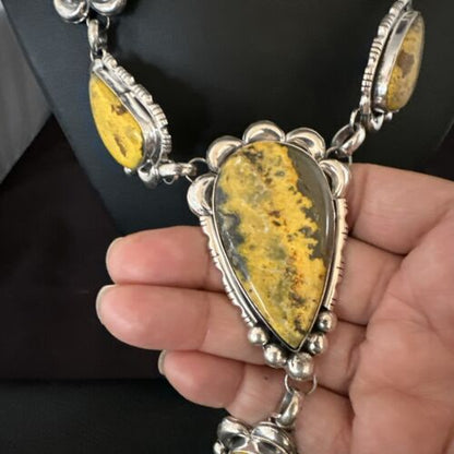 Navajo Yellow Bumblebee Jasper Lariat Necklace | Authentic Native American Sterling Silver | 17202
