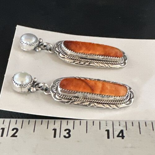 Navajo Red Spiny Oyster Pearl Dangle Earrings | Sterling Silver | Authentic Native American Handmade | 15325