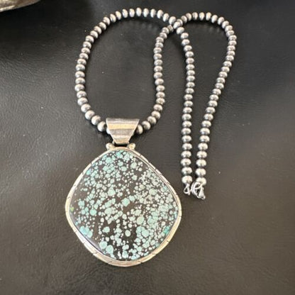 Men's Navajo Blue Spiderweb Turquoise Pendant Necklace | Sterling Silver | Authentic Native American Handmade | 16233