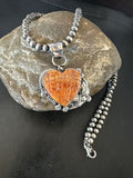 Navajo Orange Spiny Oyster Heart Pendant Necklace | Sterling Silver | Authentic Native American Handmade | 16422