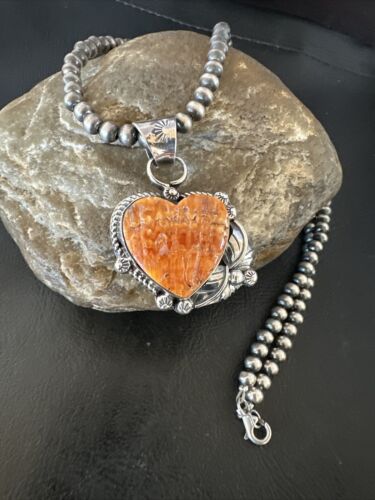 Navajo Orange Spiny Oyster Heart Pendant Necklace | Sterling Silver | Authentic Native American Handmade | 16422