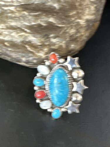 Navajo Coral Mother of Pearl Turquoise Multi-Stone Adjustable Ring | Authentic Native American Sterling Silver | Multi-Stone | 15331