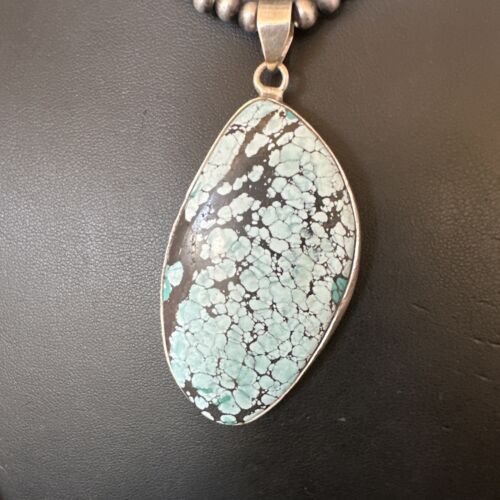 Men's Navajo Blue Spiderweb Turquoise Pendant Necklace | Sterling Silver | Authentic Native American Handmade | 16231