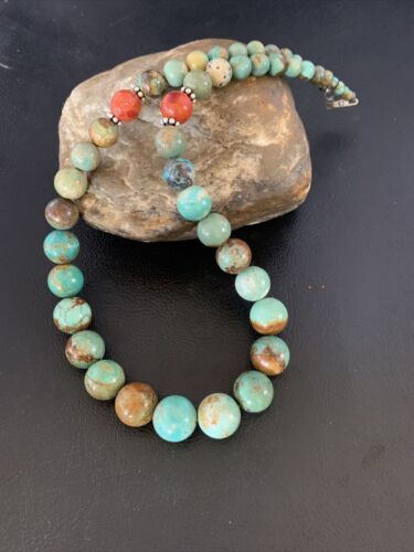 Navajo Green Turquoise & Apple Coral Graduated Necklace | Sterling Silver | Authentic Native American | 18" | 13200